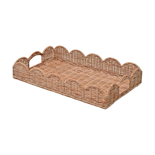 TRY1000B Scalloped 21.5" Southwestern Cottage Hand-Woven Rattan Tray / Light Brown