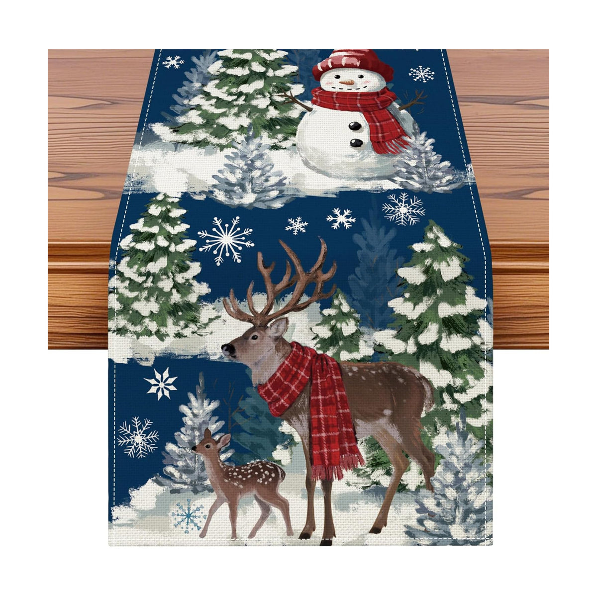 Artscope Reindeer Snowman Christmas Tree Table Runner, Xmas Winter Snowflakes Holiday Kitchen Dining Table Decoration for Christmas Home Party Decor 13x108 Inch-Blue
