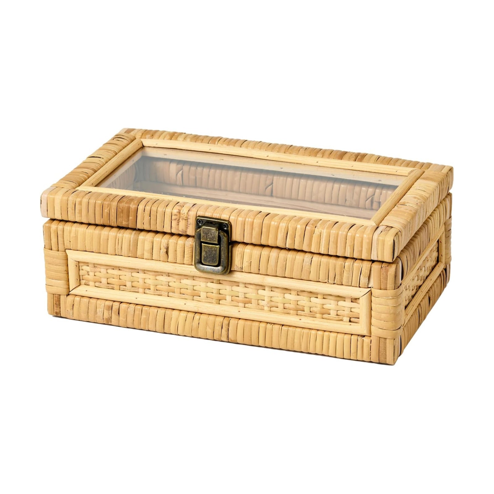 Clear Lid Wooden Frame Decorative Handmade Boho Woven Rattan Wicker Baskets Cane / Small / Natural