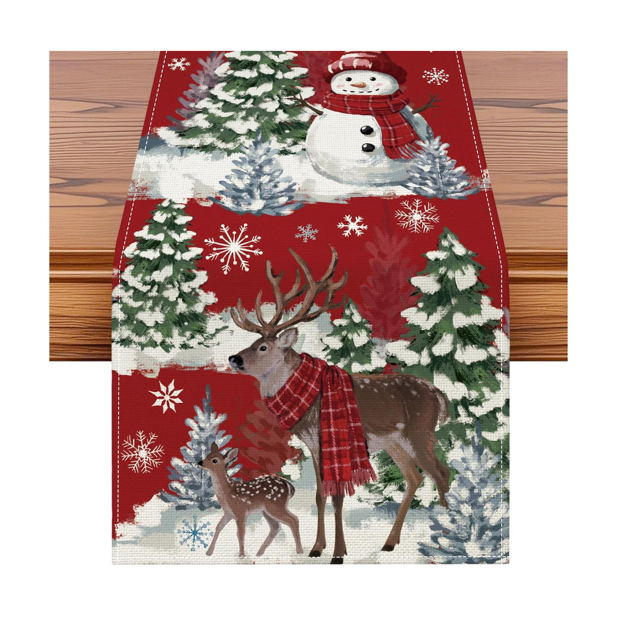 Artscope Reindeer Snowman Christmas Tree Table Runner, Xmas Winter Snowflakes Holiday Kitchen Dining Table Decoration for Christmas Home Party Decor 13x120 Inch-Red