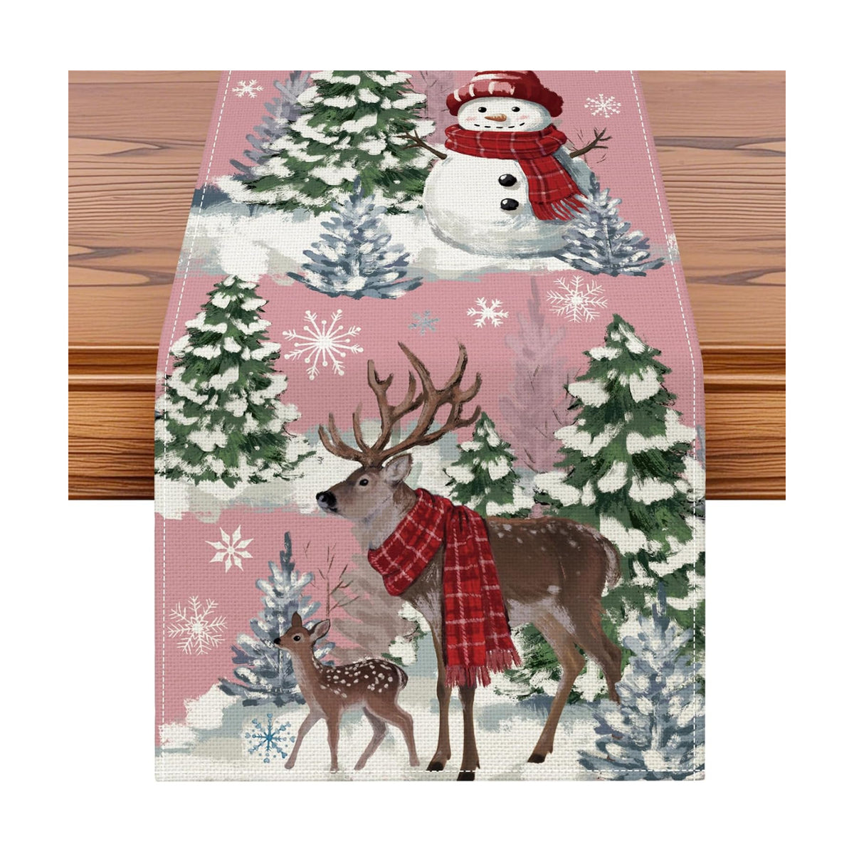 Artscope Reindeer Snowman Christmas Tree Table Runner, Xmas Winter Snowflakes Holiday Kitchen Dining Table Decoration for Christmas Home Party Decor 13x60 Inch-Pink