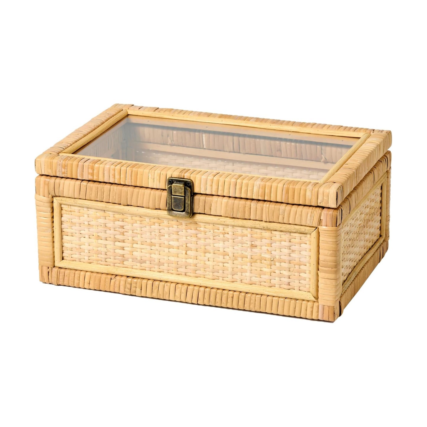 Clear Lid Wooden Frame Decorative Handmade Boho Woven Rattan Wicker Baskets Cane / Large / Natural