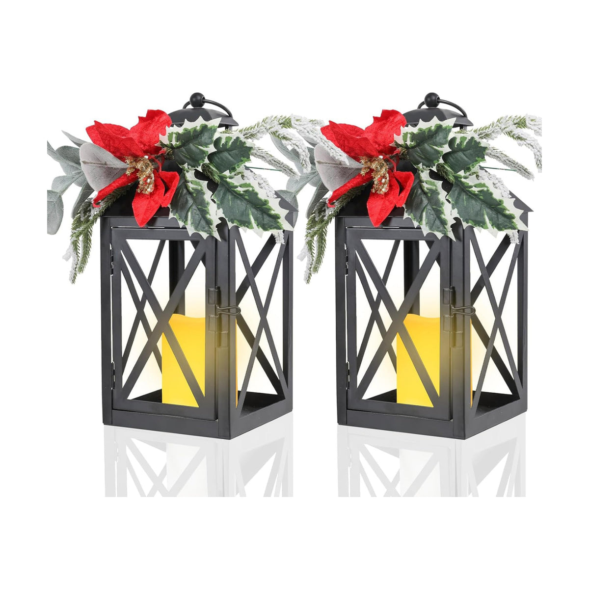 Christmas Decorative Lanterns 2 Pack 12 Inch with Timer Candles Xmars Decor | 12 inch black metal Christmas lanterns