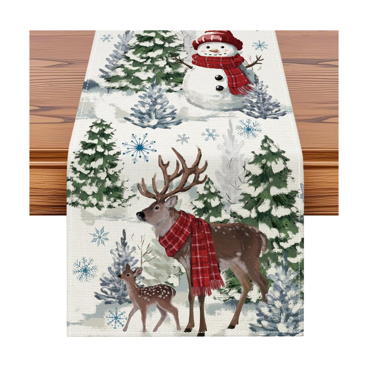 Artscope Reindeer Snowman Christmas Tree Table Runner, Xmas Winter Snowflakes Holiday Kitchen Dining Table Decoration for Christmas Home Party Decor 13x108 Inch-Beige