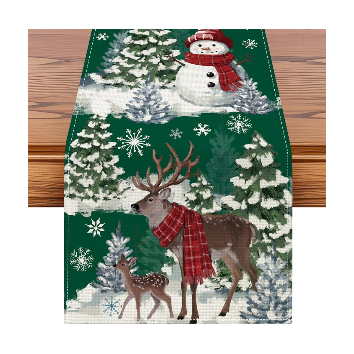 Artscope Reindeer Snowman Christmas Tree Table Runner, Xmas Winter Snowflakes Holiday Kitchen Dining Table Decoration for Christmas Home Party Decor 13x36 Inch-Green