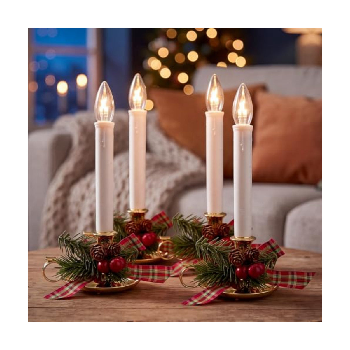 4PK Christmas Window Candle Light, 10" LED Golden Candlestick