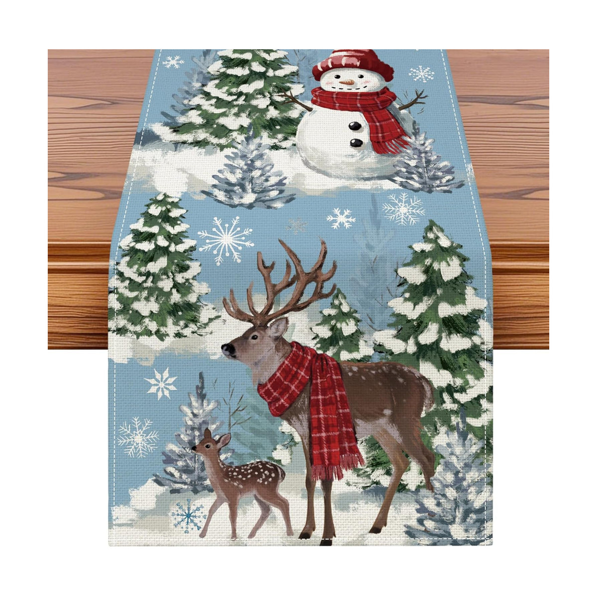 Artscope Reindeer Snowman Christmas Tree Table Runner, Xmas Winter Snowflakes Holiday Kitchen Dining Table Decoration for Christmas Home Party Decor 13x48 Inch-Light Blue