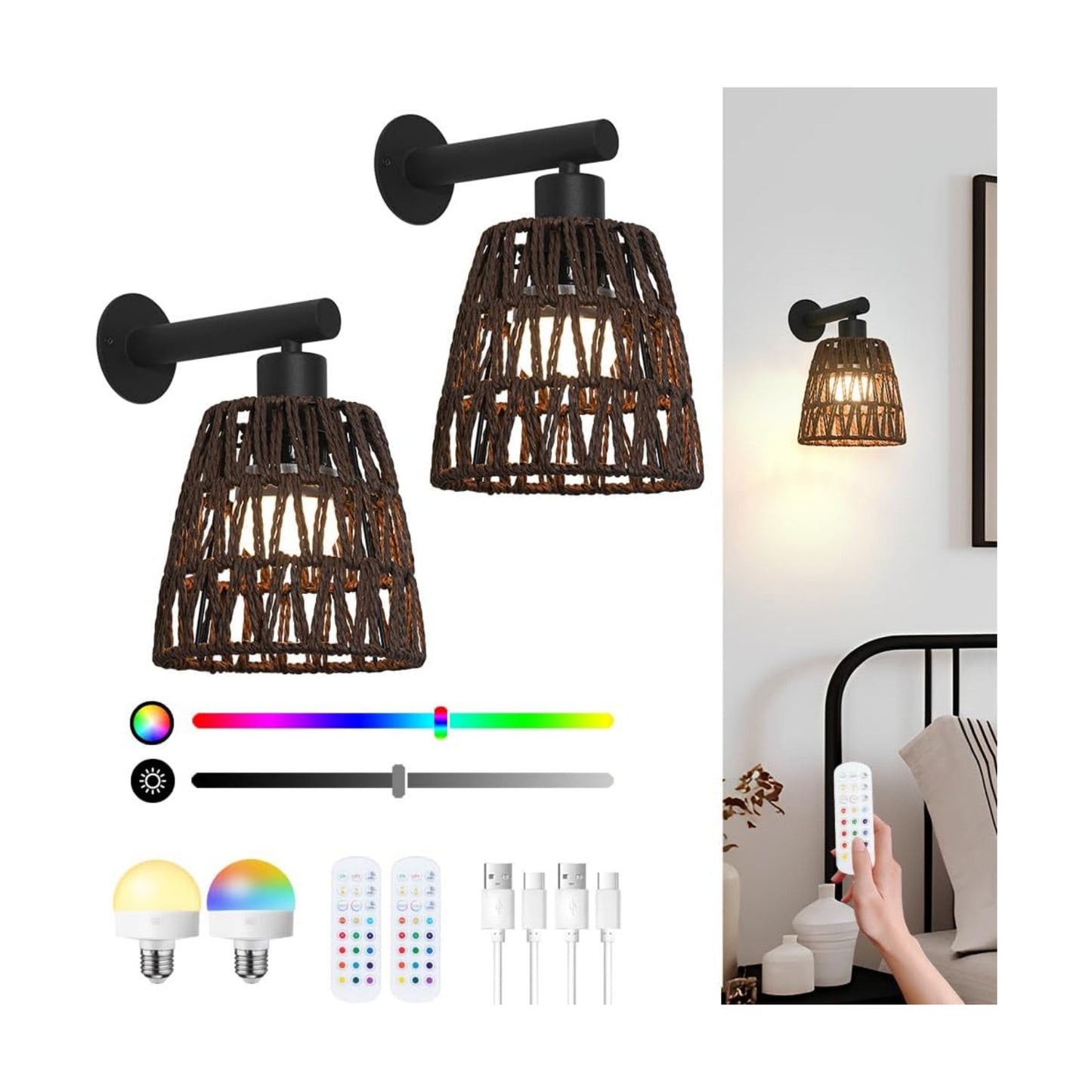 Boho Battery Operated Wall Sconce Set of 2, Brown Rattan Rechargeable Wall Lights with Dimmable Bulbs and Remote,15