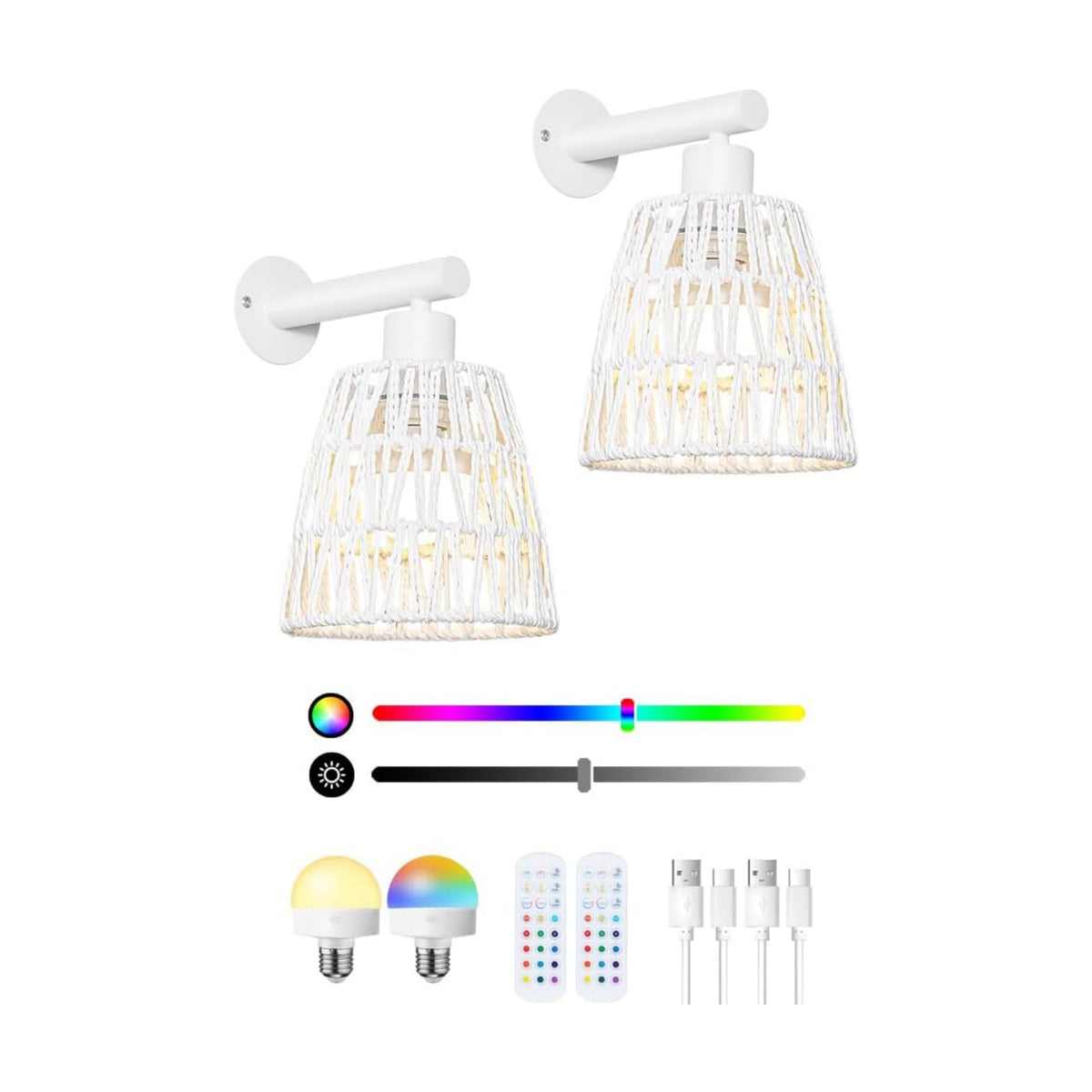 White Battery Operated Wall Sconce Set of 2, Boho Rattan Rechargeable Wall Lights with Dimmable Bulbs and Remote,15