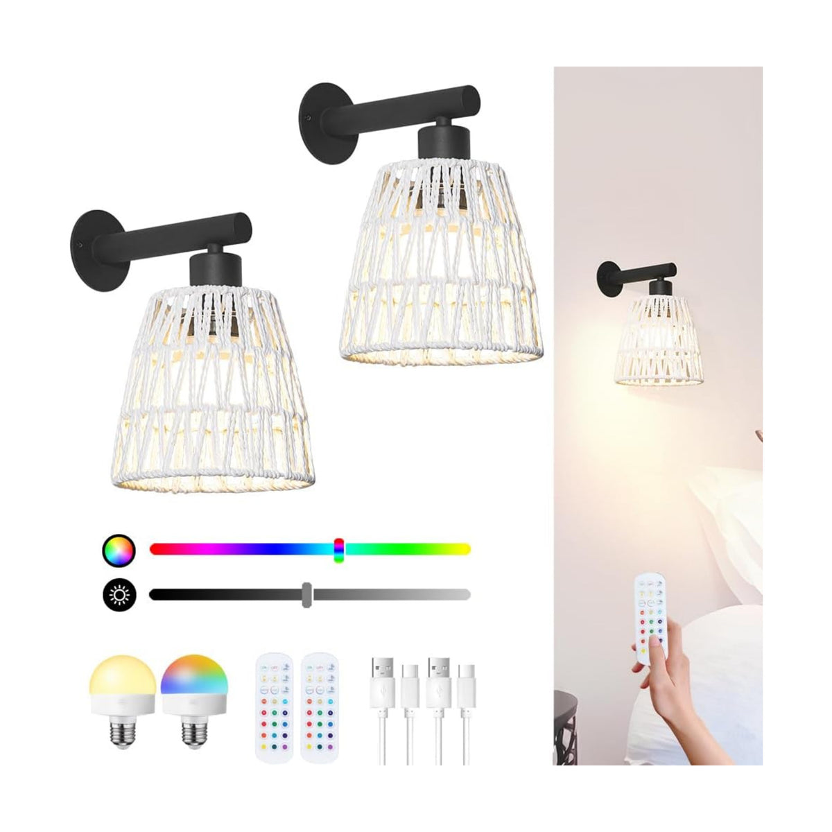 Boho Battery Operated Wall Sconce Set of 2, White Rattan Rechargeable Wall Lights with Dimmable Bulbs and Remote,15