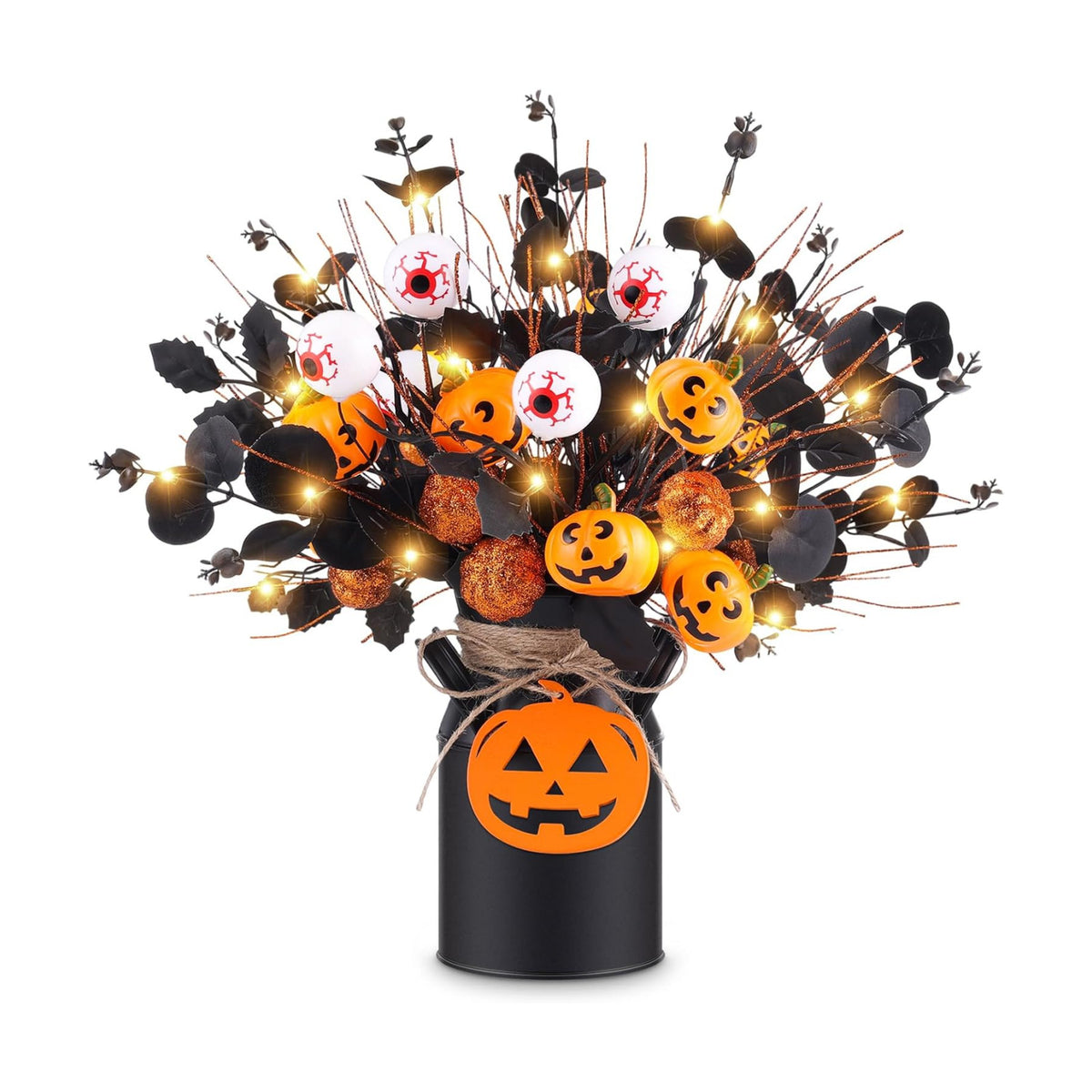 Halloween Table Deocr with 5 Pcs Artificial Pumpkin Eyeballs Eucalyptus Stems Black Iron Vase String Light and Wood Sign Halloween Centerpieces for Indoor Home Party Vase Arrangement Decorations
