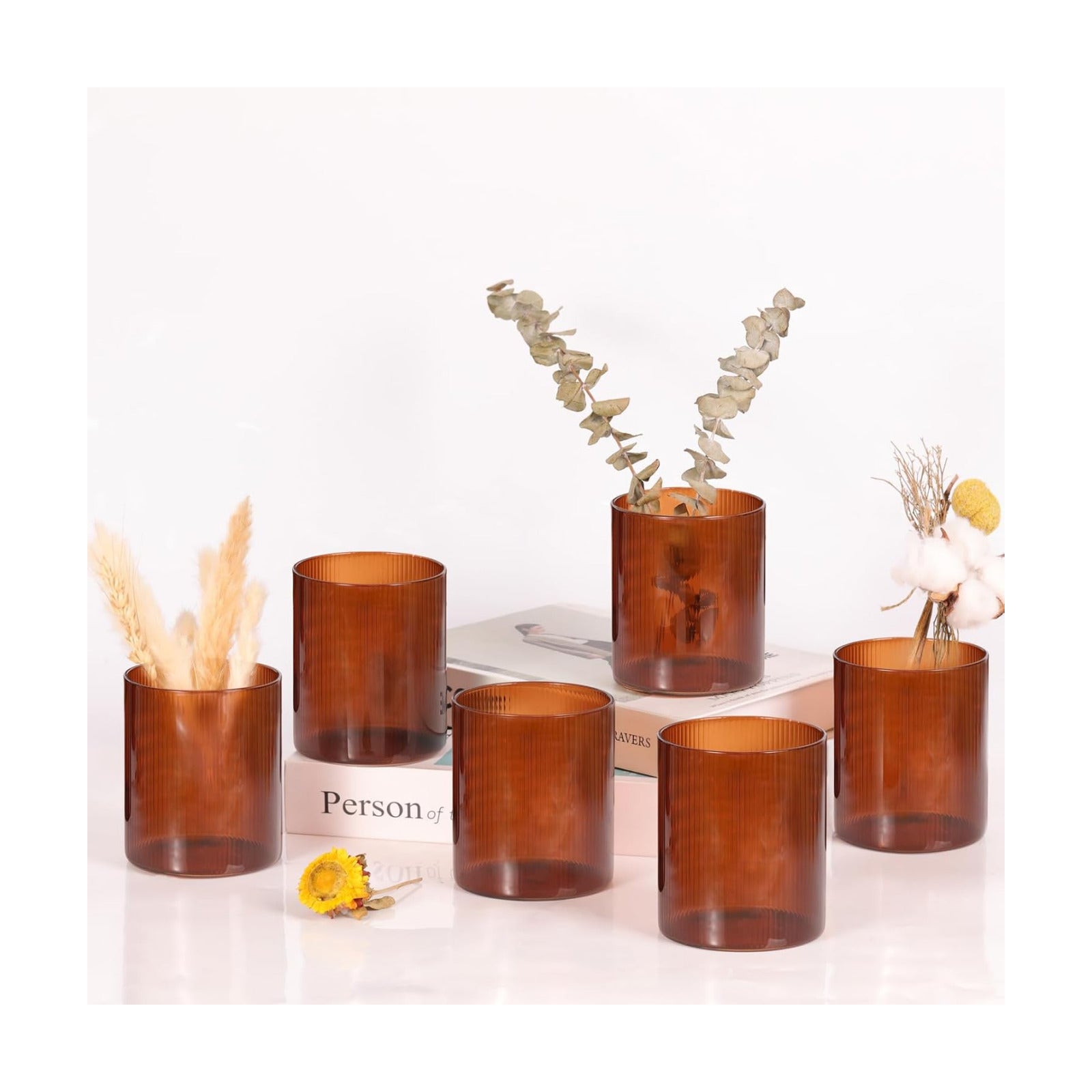 Glass Cylinder Vases for Centerpieces / 4in / Amber / Set of 6