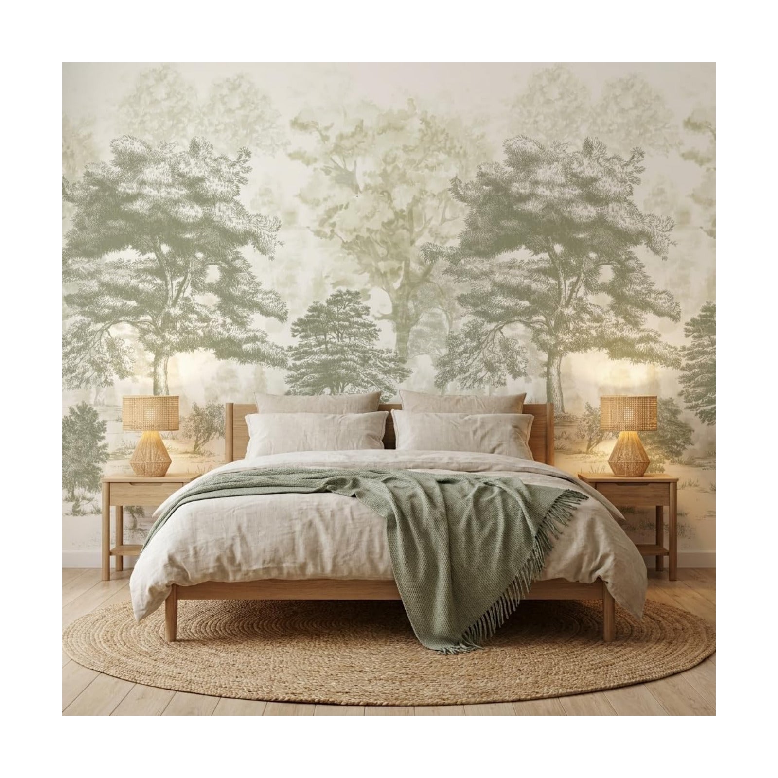 Vintage Forest Wall Murals Peel and Stick 144" W x 100" H Canvas Waterproof / Sage Green / 144 x 100
