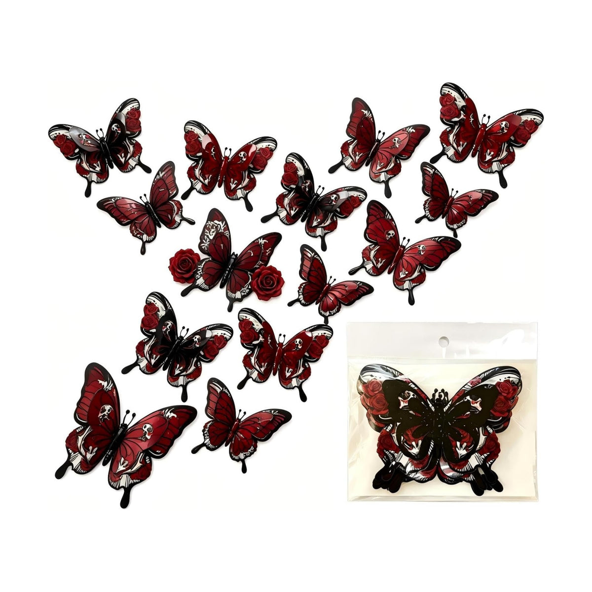 Halloween Butterfly Wall Stickers Skull Rose 3D Butterflies Wall Decoration Red Butterfly Designs Holiday Gift Decor for Party Home Office Shop Decorations Supplies-12 Pcs