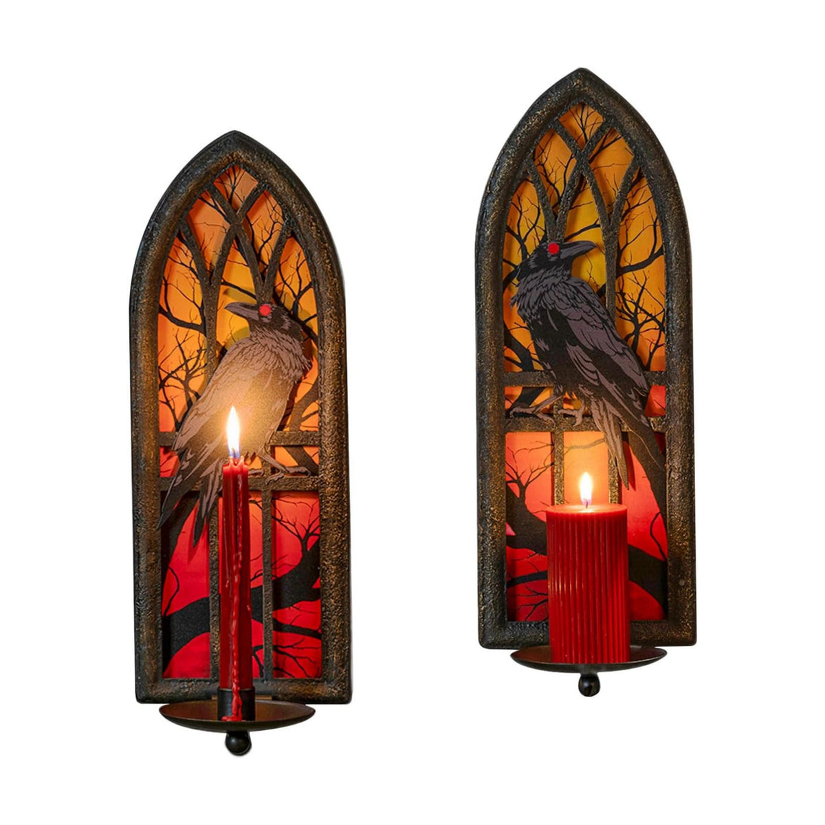 Gothic Wall Candle Sconces Set of 2, Wrought Iron Crow Wall Mounted Candelabra Holder with Removable Trays for Taper &