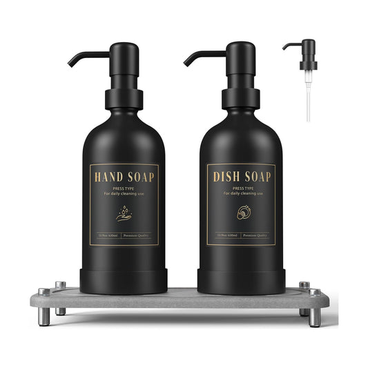 Luxspire 17 oz Glass Liquid Soap Dispenser Set, Black + Dark Gray, 2 Pack | Anti-drip pump, wide mouth easy refill
