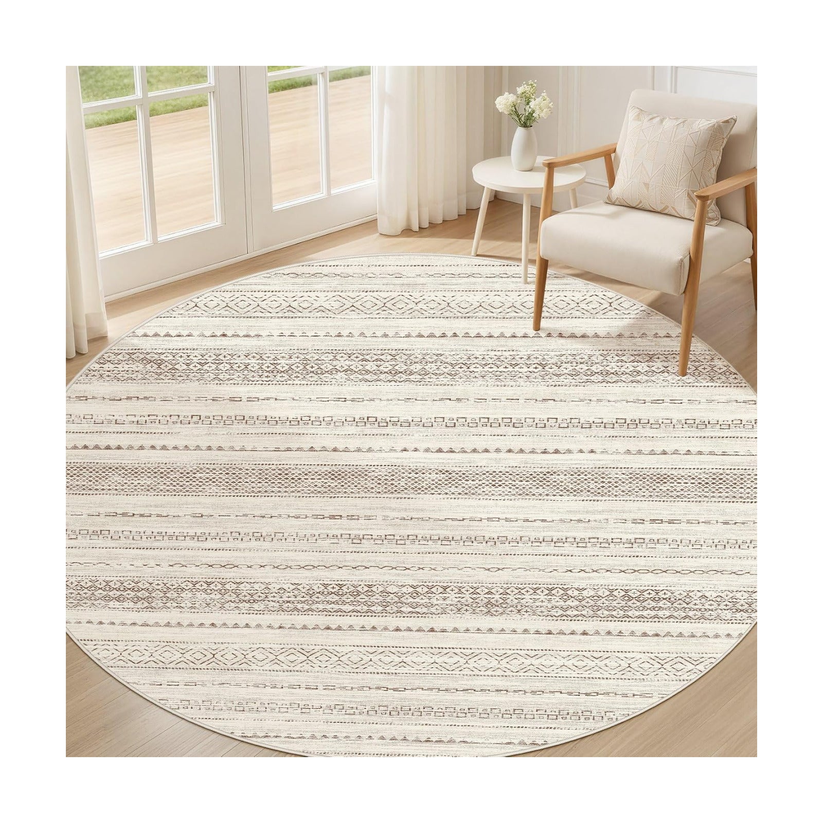 Nakagishi Round Rug Boho Area Rugs: 4x4 Washable Large Circle Neutral Soft Stain Resistant Non-Slip Carpet for Women