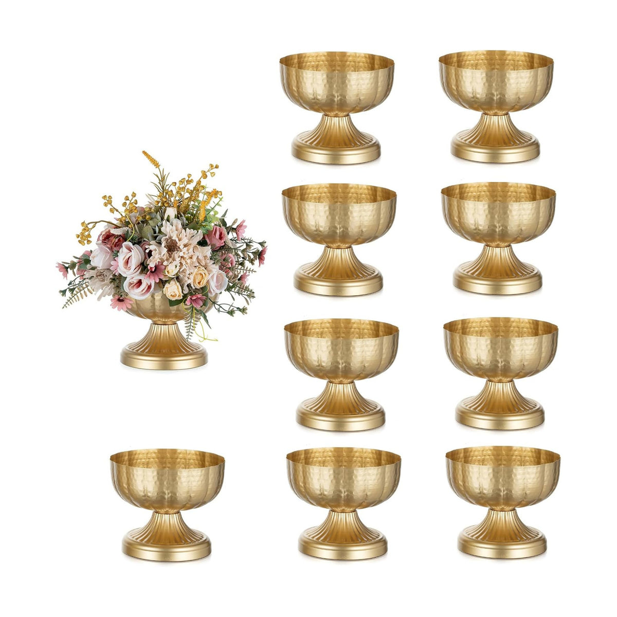NUPTIO Gold Compote Vases for Centerpieces, Hammered, 6.3", 10 Pcs | Metal Pedestal Bowl, for Small Flowers