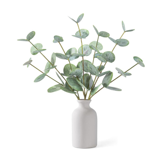 Artificial Eucalyptus Stems in Ceramic Vase / Green Eucalyptus - White Round Ceramic Vase