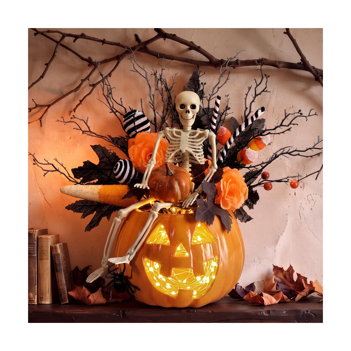 Wiwiqing Halloween Decorations Pumpkin Vase Ornaments with Black and Orange Branch Bow Flower Soil, DIY Spooky Halloween Ghosts Skull Face Pumpkin Vase Crafts, Retro Table Centerpiece Decor