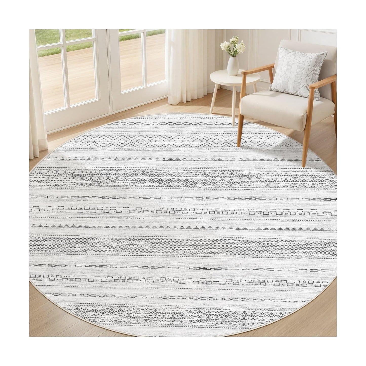 Nakagishi Area Rug Living Room Rugs: 4X4 Machine Washable Boho Large Neutral Farmhouse Stain Resistant Moroccan Indoor