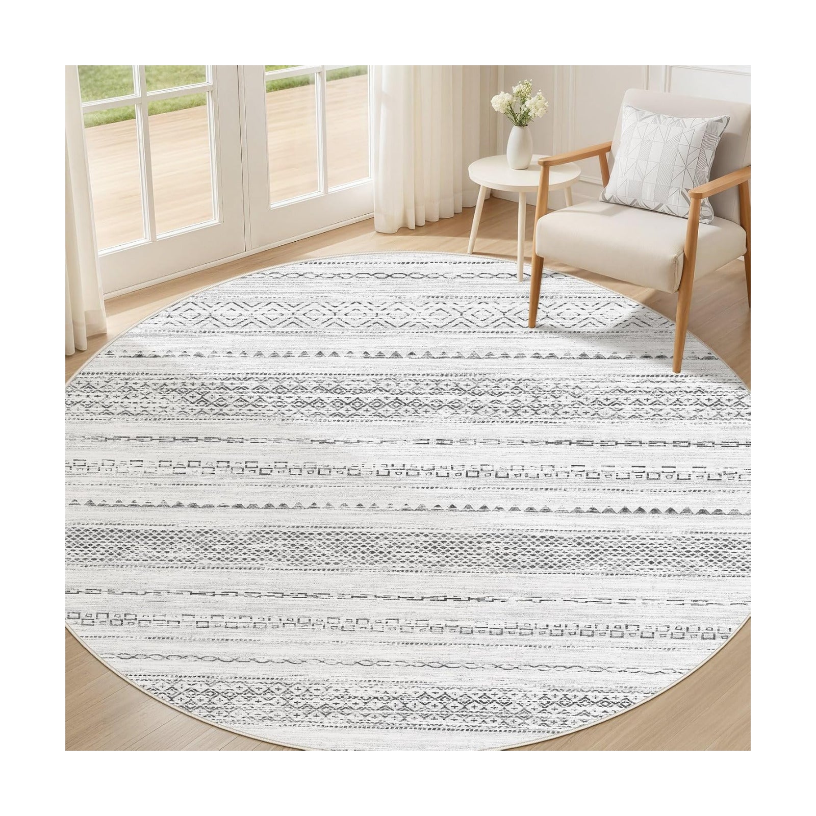 Nakagishi Area Rug Living Room Rugs: 4X4 Machine Washable Boho Large Neutral Farmhouse Stain Resistant Moroccan Indoor
