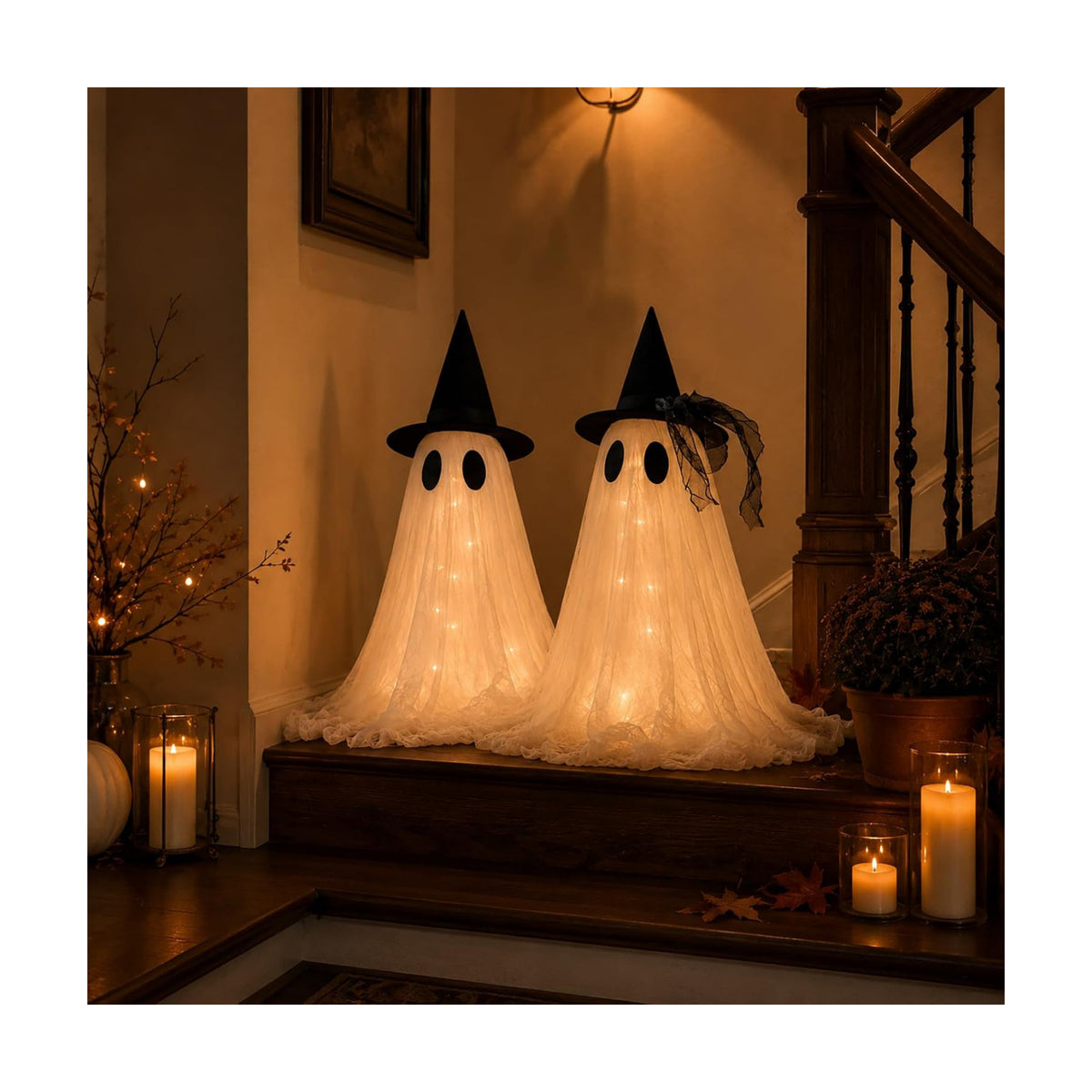 2-Pack Halloween Ghost Decor Set, USB Powered w/Remote Lights
