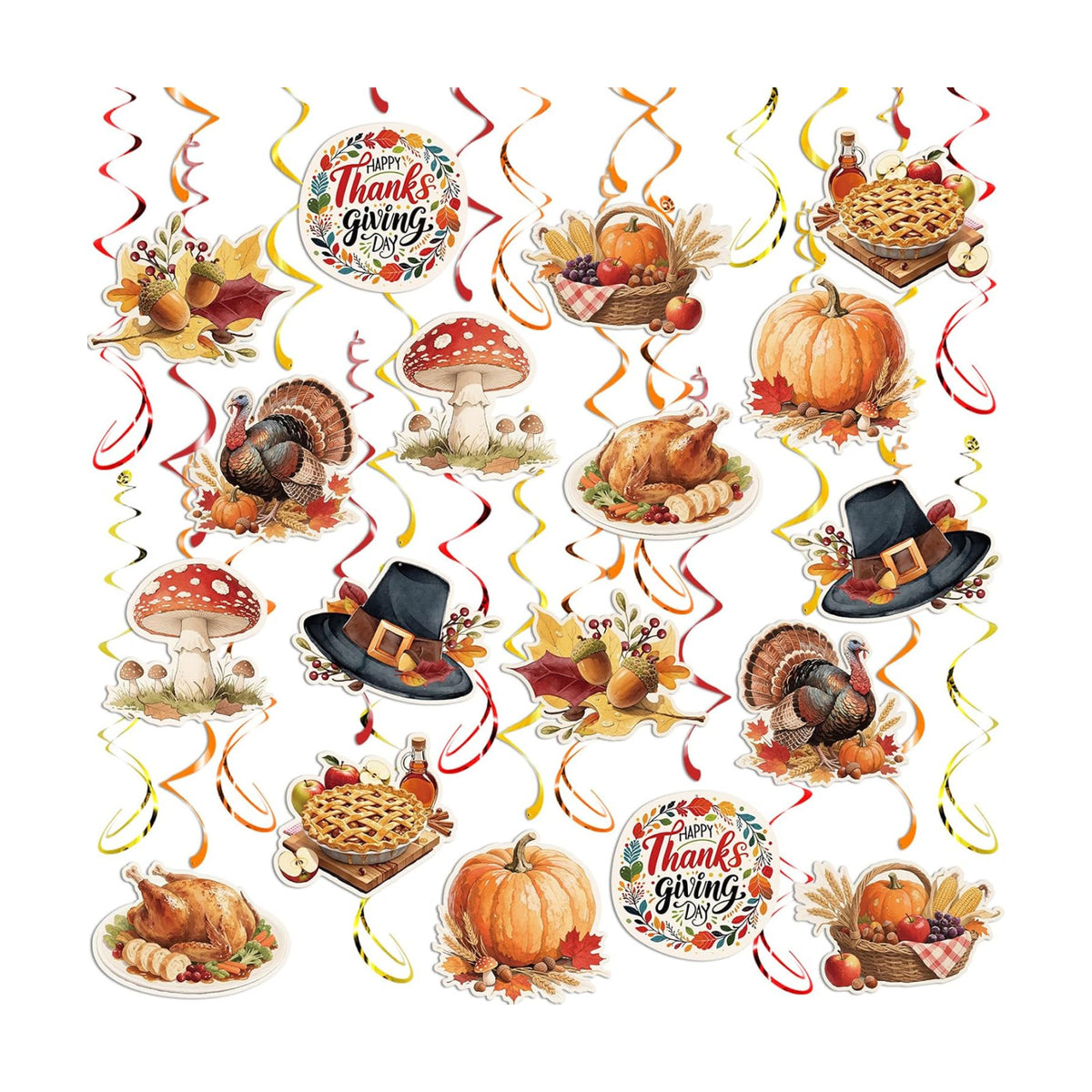 Thanksgiving Hanging Swirls, 48Pcs Thanksgiving Ceiling Hanging Decorations Turkey Pumpkin Swirls Streamers for Indoor Outdoor Party Supplies