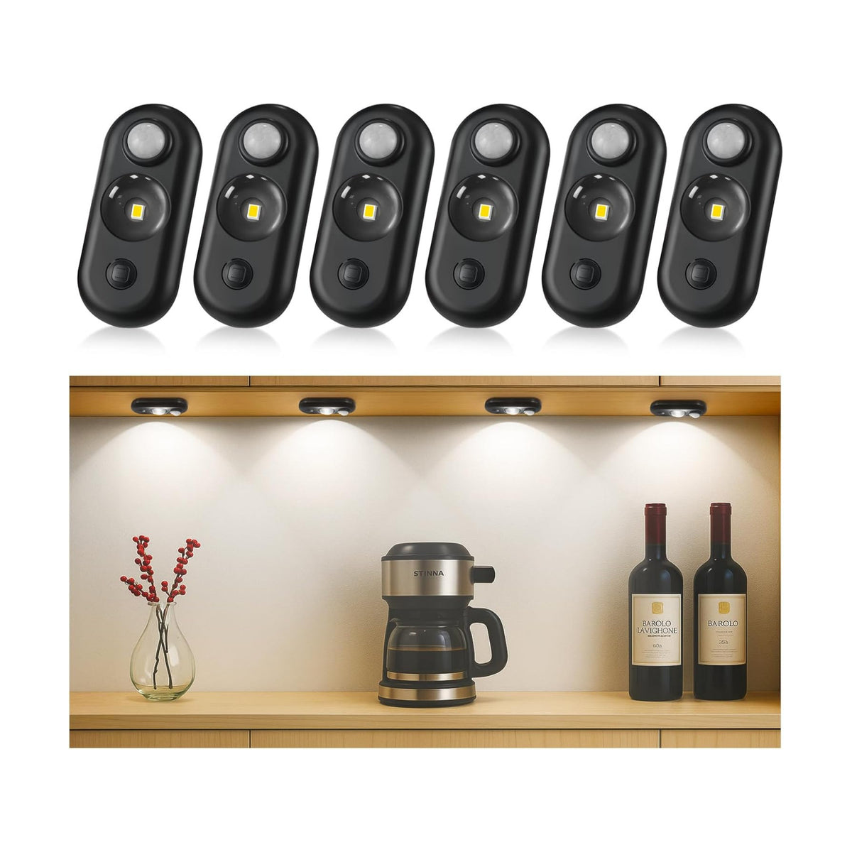 6 Pack LED Motion Sensor Puck Lights, Small Rechargeable Under Cabinet Lights, Dimmable Daylight White Closet Lights