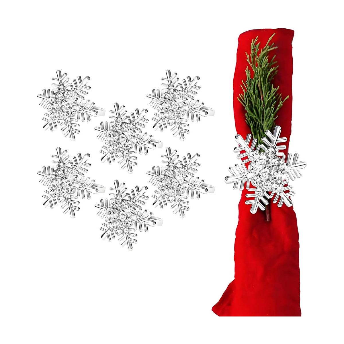 Christmas Silver Napkin Rings Set of 6, Metal Winter Snowflake Napkin Holders Wedding Dinner Home Table Decors Winter Decorations Christmas Decors