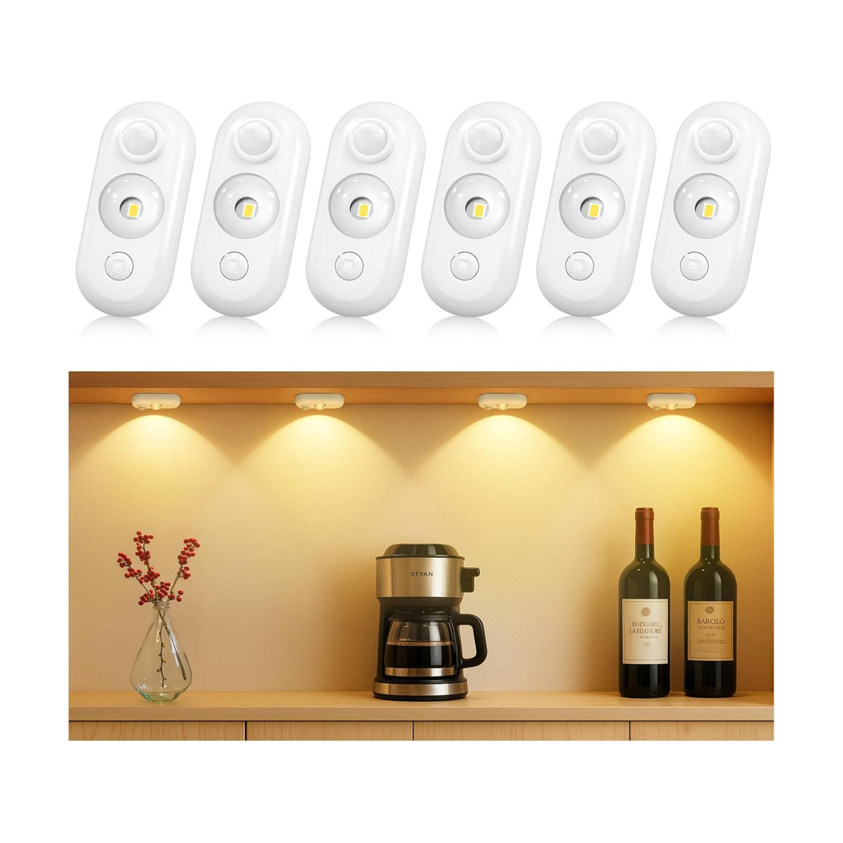 6 Pack LED Motion Sensor Puck Lights, Small Rechargeable Under Cabinet Lights, Dimmable Warm White Closet Lights
