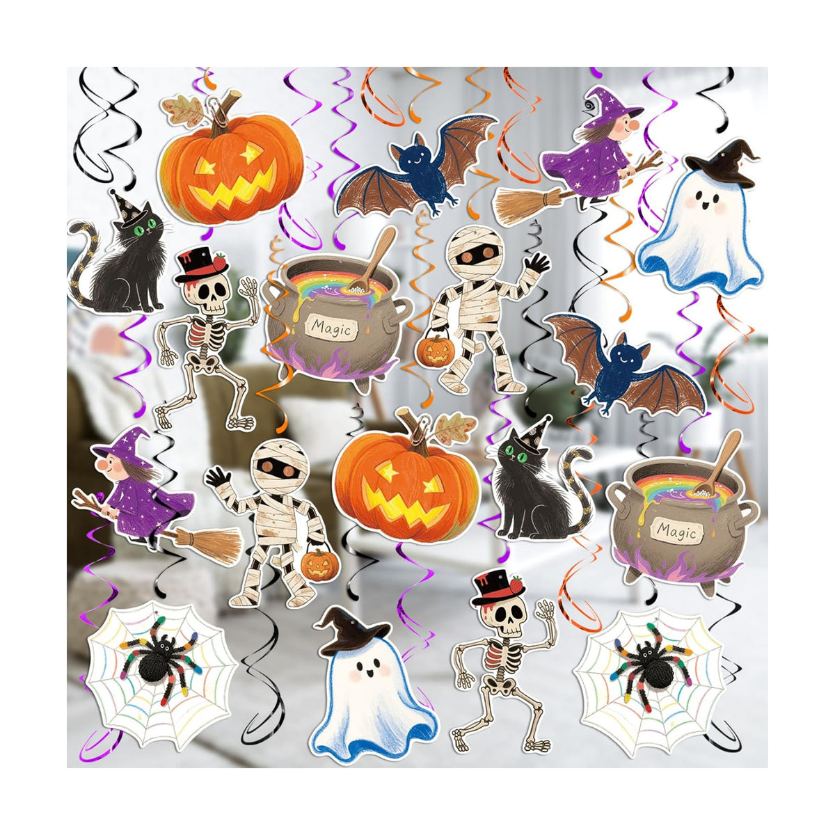 Halloween Hanging Swirls, 48Pcs Halloween Ceiling Hanging Decorations Ghost Pumpkin Witches Swirls Streamers for Indoor Outdoor Party Supplies