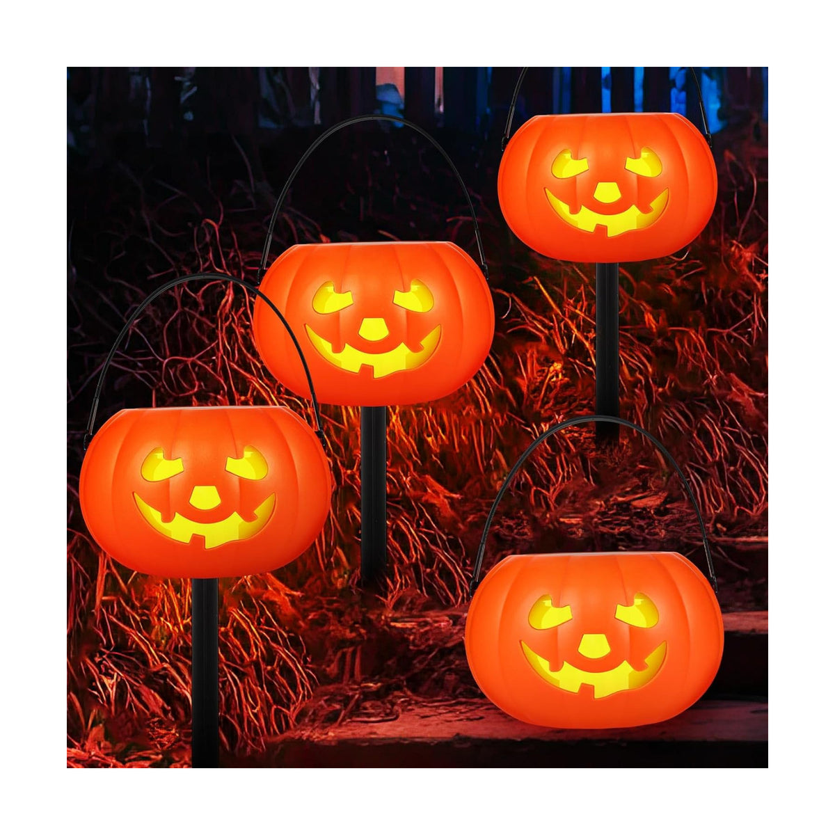 Rossesay 4 Pcs Halloween Pumpkin Pathway Markers Solar Light up Orange Jack O Lantern Stake LED Waterproof Plastic Pumpkin Light for Garden, Balcony, Yard, Lawn, Pathway, Walkway Halloween Decor