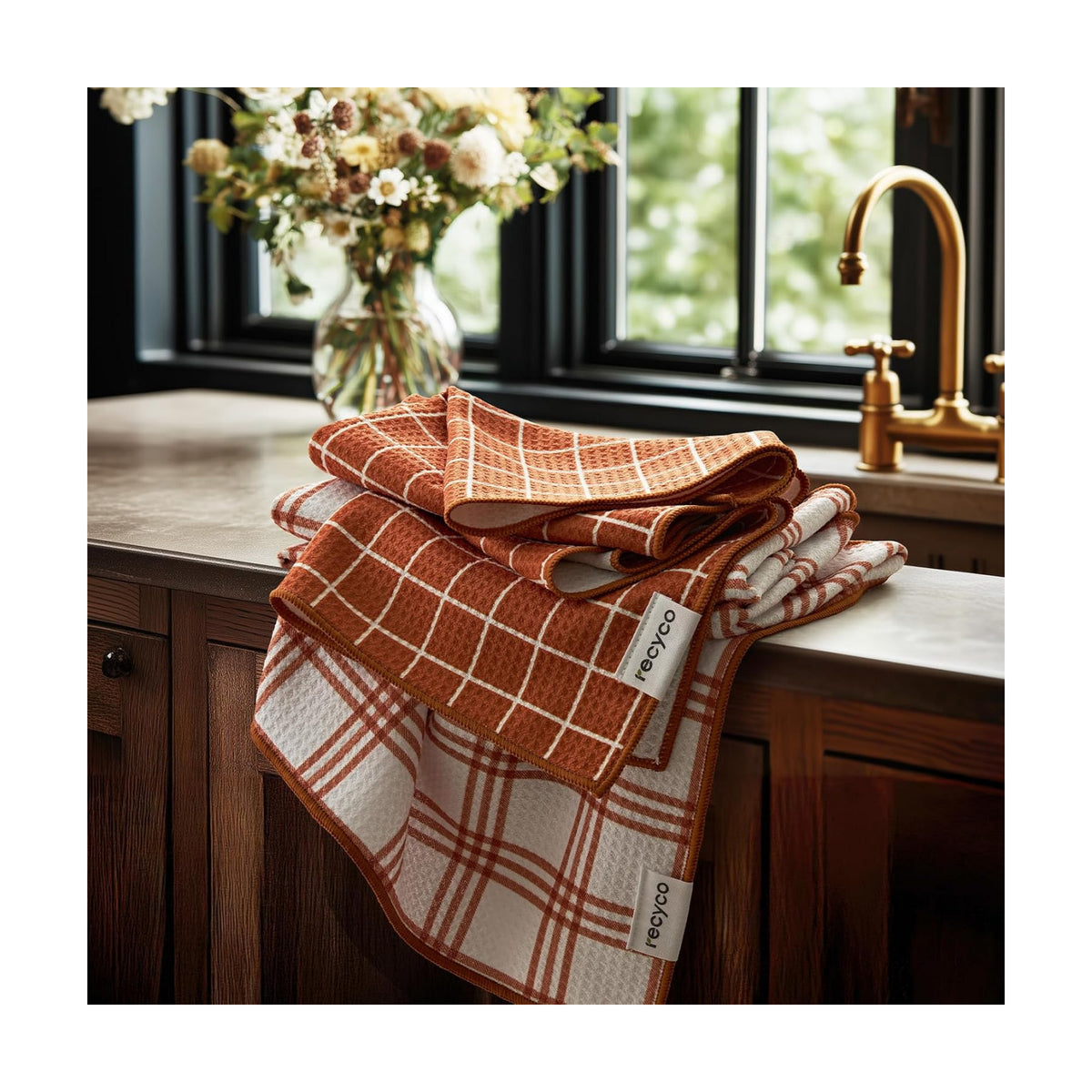 RECYCO Waffle Kitchen Towel Set of 2 - Quick Dry Microfiber Sustainable Dish Towels - Ultra Absorbent Reusable Cleaning Tea Towels - Lightweight Hand Towels,16”x 28”, Farmhouse Plaid
