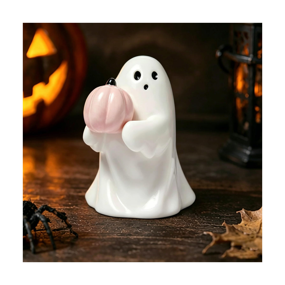 Halloween Ghost Figurine with Holding Pink Pumpkin Ghost Statue