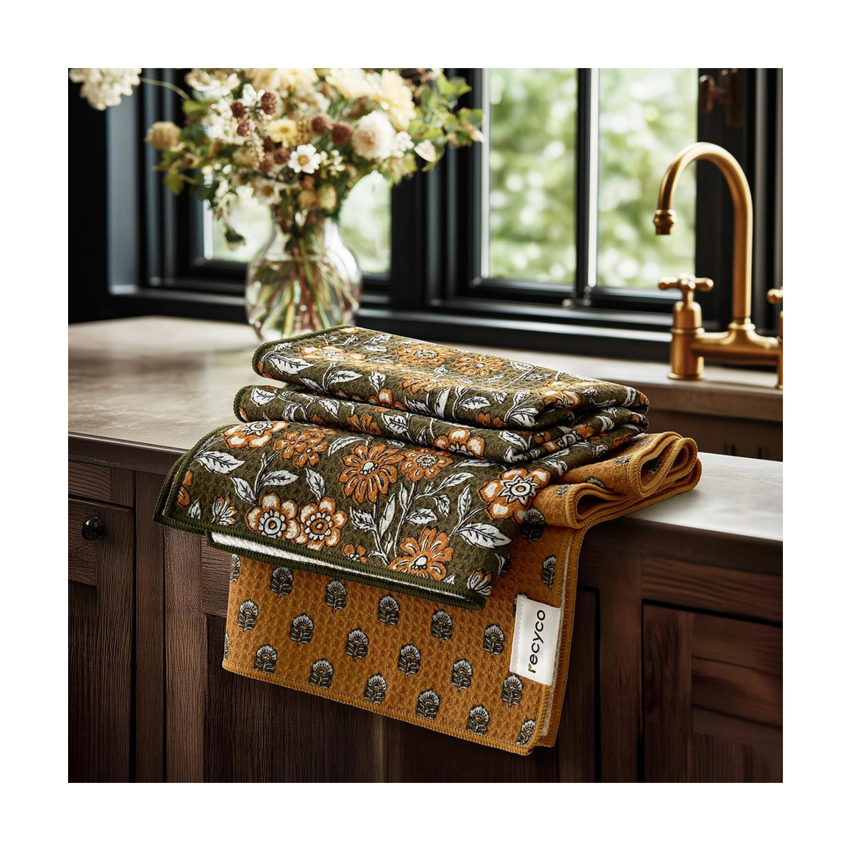 RECYCO Waffle Kitchen Towel Set of 2 - Quick Dry Microfiber Sustainable Dish Towels - Ultra Absorbent Reusable Cleaning Tea Towels - Lightweight Hand Towels,16”x 28”, Amber Flora