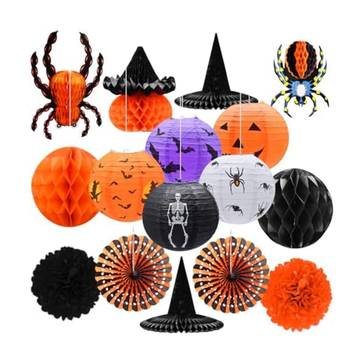 16-Pack Halloween Honeycomb Paper Lantern Ornaments – Hanging Decorations in Pumpkin, Spider, Witch Hat, and Ghost Designs for Halloween Party, Indoor Outdoor Décor, Fall Festival Supplies