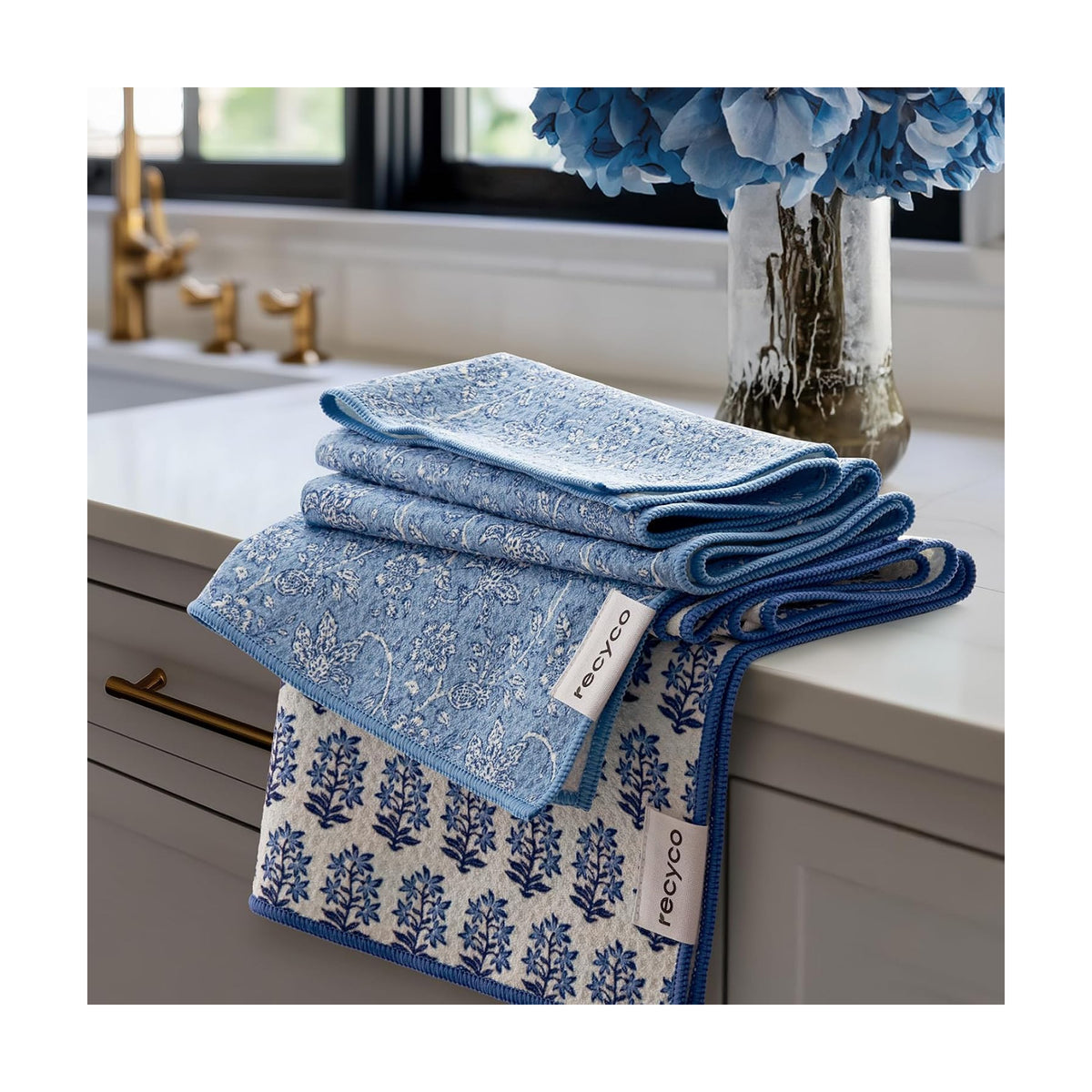 RECYCO Waffle Kitchen Towel Set of 2 - Quick Dry Microfiber Sustainable Dish Towels - Ultra Absorbent Reusable Cleaning Tea Towels - Lightweight Hand Towels,16”x 28”, Porcelain Blue