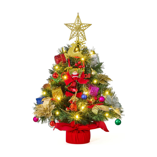 JOIEDOMI 24"/2FT Pre-lit Tree with Decoration Kit Artificial Christmas Tabletop Tree with 70 Branch Tips 30 LED Lights, Includes Star Topper Ornaments, Battery Operated Mini Tree for Indoor Xmas Decor
