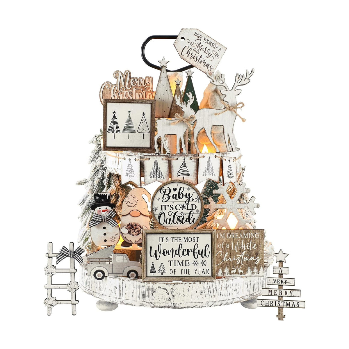 Shellwei 20 Pcs Neutral Christmas Tiered Tray Decor, Winter Farmhouse Signs