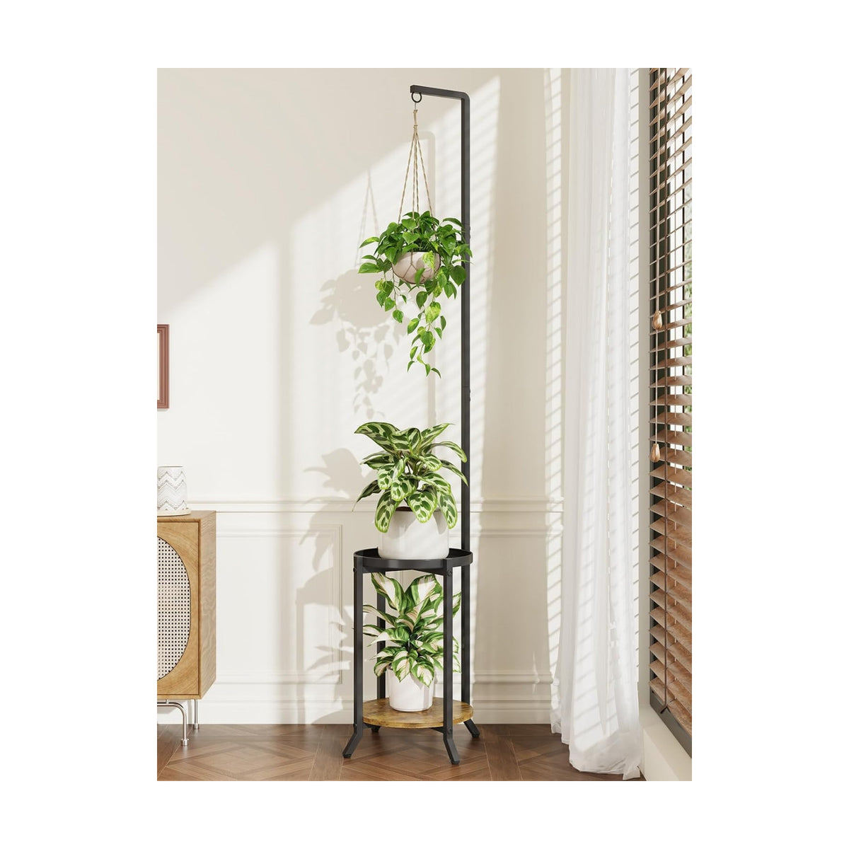 iDavosic.ly Hanging Plant Stand Indoor, 2 Tier, 60 In Tall, Black & Brown | Vertical Corner Metal Flower Shelf with