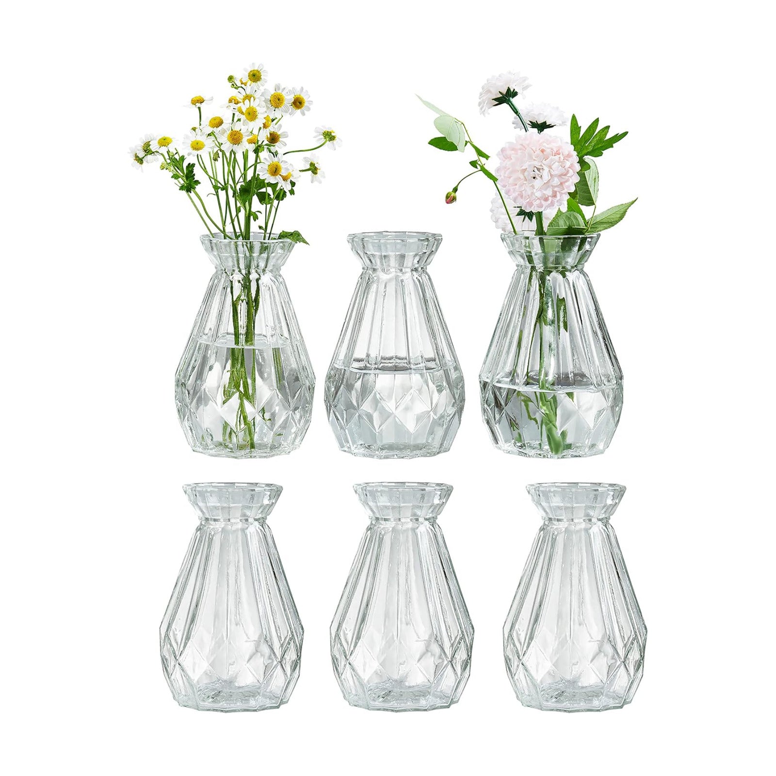 Mini Diamond-Faceted Glass Bud Vases / Clear / Set of 6
