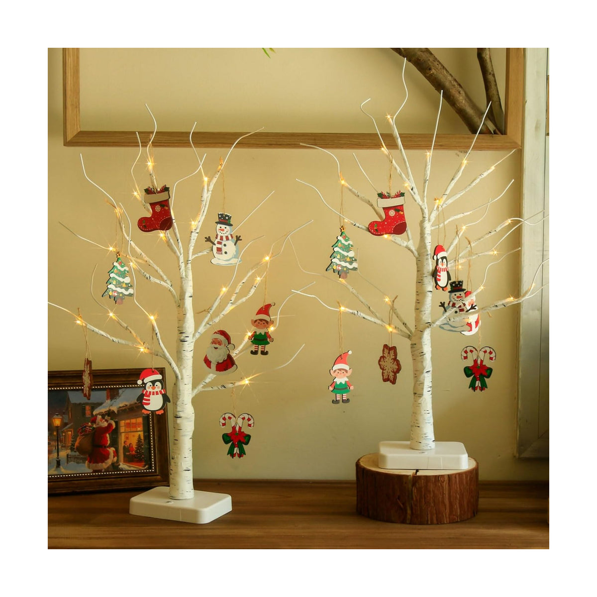 EAMBRITE Lighted Birch Tree with Ornaments, 2 Pack Small Christmas Trees