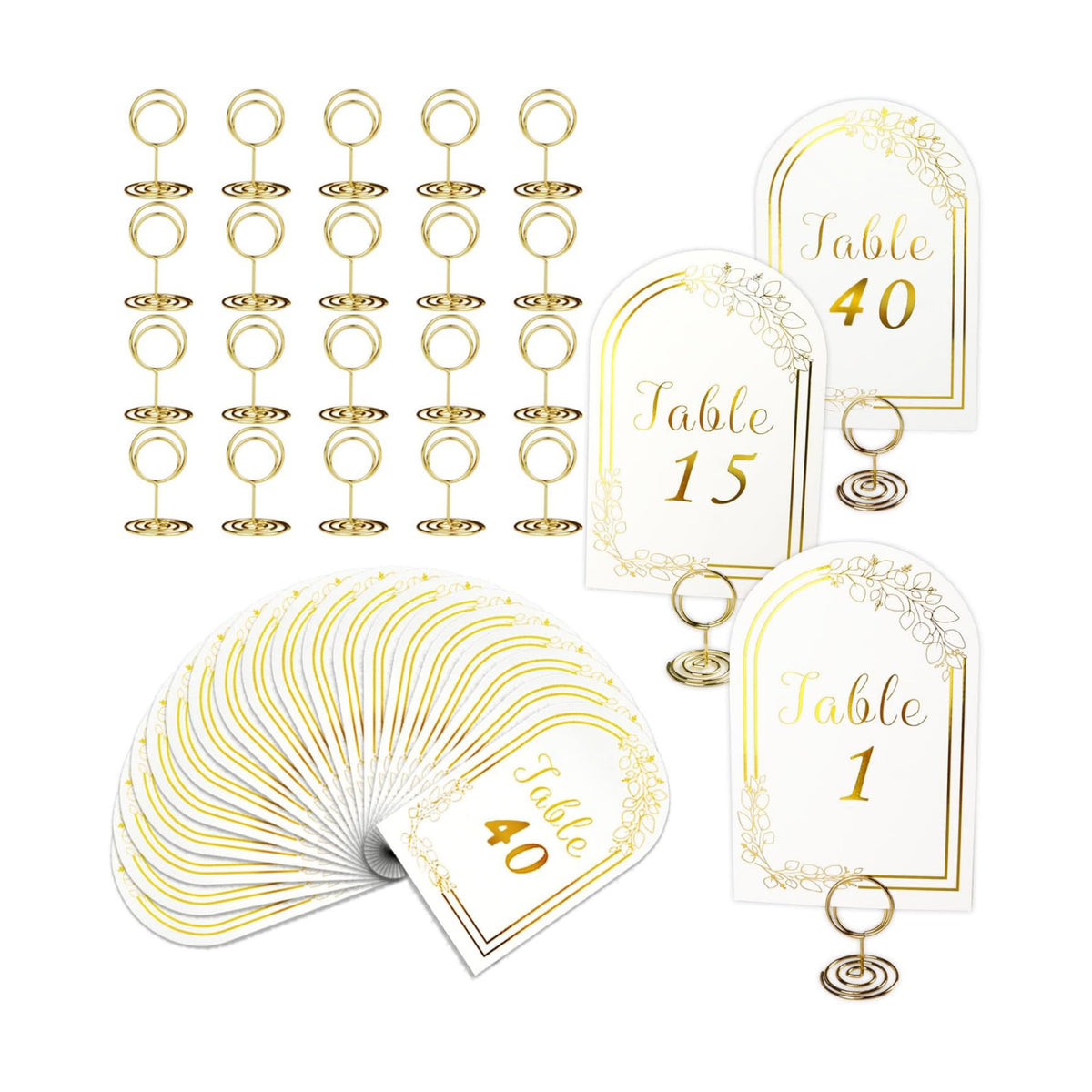 Wedding Table Numbers 1-40, 40 White Gold Table Number Cards with 40 Gold Table Number Holders, 1 Set of 40 Table