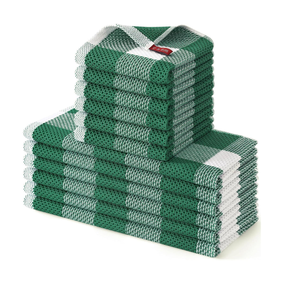 Homaxy Kitchen Towels and Dishcloths Set, Set of 12, White & Dark Green | Bulk Cotton Waffle Weave Check Plaid Kitchen