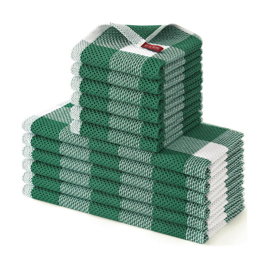 Homaxy Kitchen Towels and Dishcloths Set, Set of 12, White & Dark Green | Bulk Cotton Waffle Weave Check Plaid Kitchen