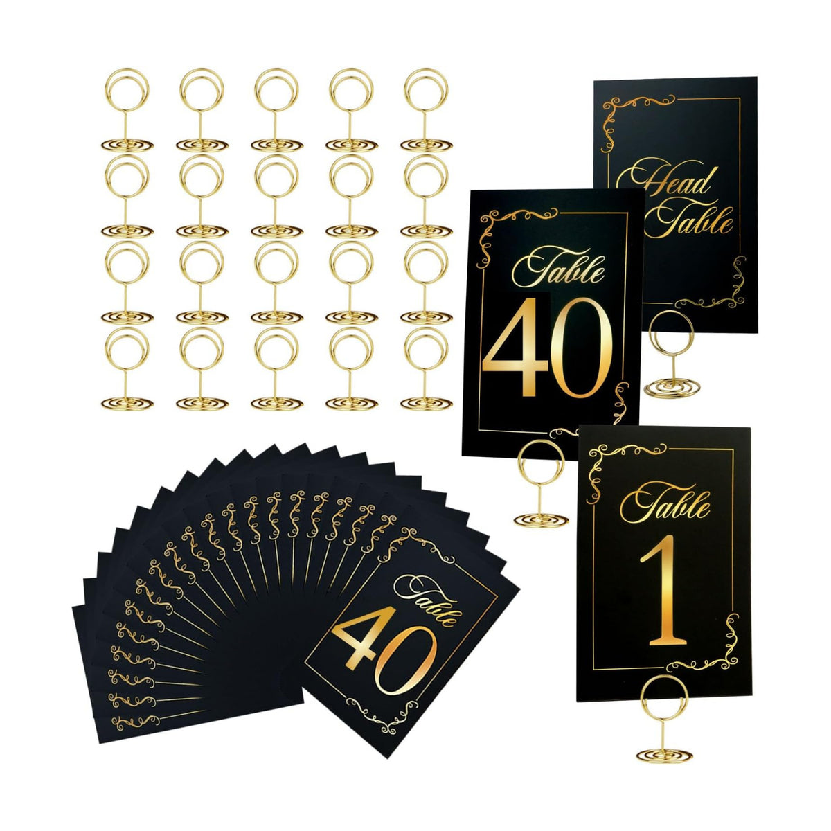Wedding Table Numbers 1-40 and Head Table Card, Black Gold Table Number Cards with 41 Gold Table Number Holders, 1 Set