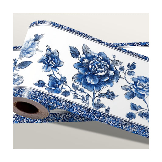 Blue Floral Wallpaper Border Vintage Peel and Stick Wall / Blue and White Decorative / 196 x 4