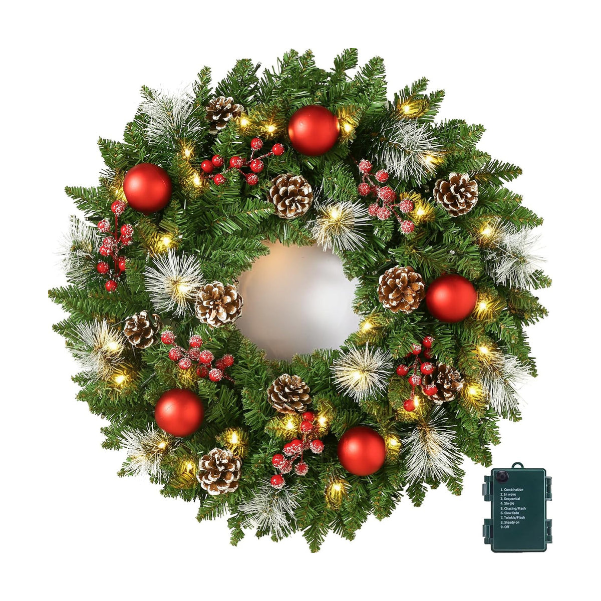 24 Inch Pre-Lit Artificial Christmas Wreath for Front Door, Christmas Door Decorations Wreath with LED Warm Lights, Balls, Pine Needles, and Red Berries Wall Windows Ornament