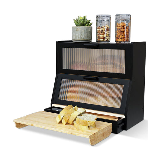 Bread Box for Kitchen Countertop - Bamboo Wood Breadbox with Knife Storage, Ventilation Holes - Farmhouse Loaf